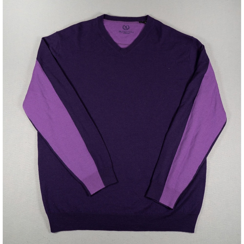Bugatchi Uomo Mens V-Neck Sweater 100% Merino Wool Colorblock Purple XXL Classic